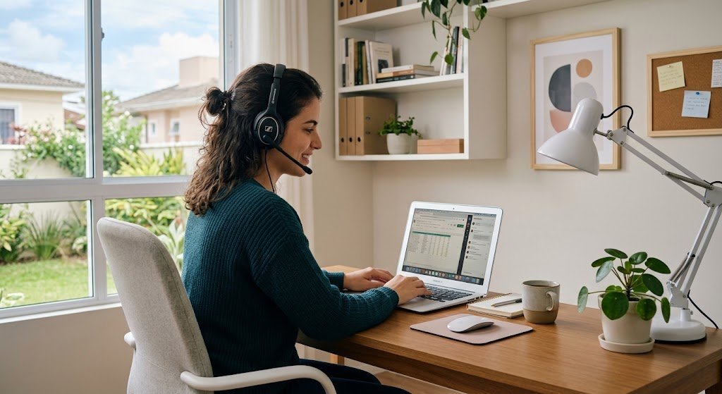 Pessoa trabalhando pela internet em casa em um home office simples.