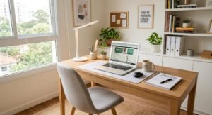 Kit home office barato com notebook, mesa organizada e cadeira confortável.