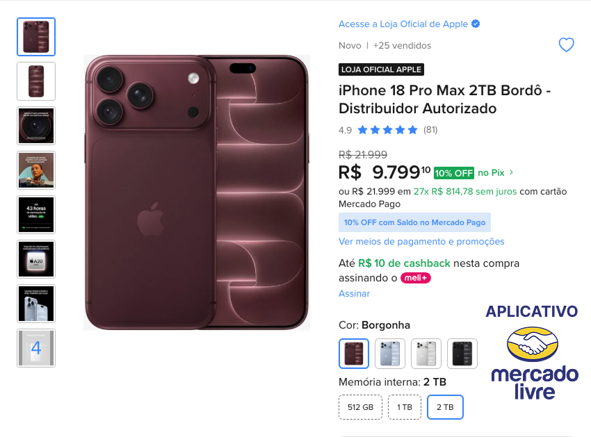 CUPOM MERCADO LIVRE - Iphone 18 pro max