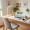 Kit home office barato com notebook, mesa organizada e cadeira confortável.